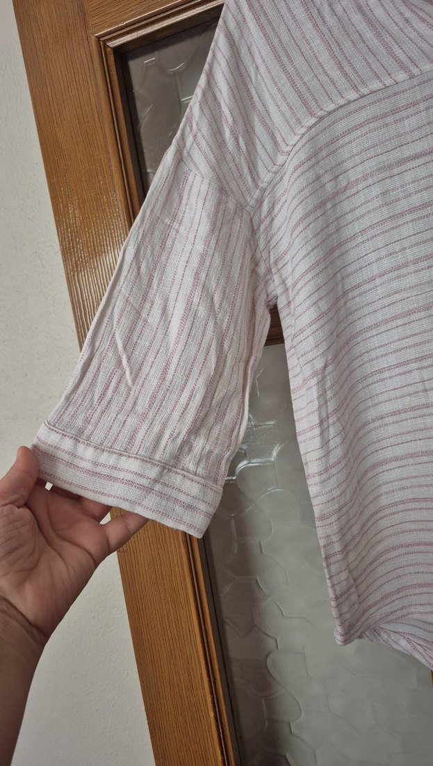 Bej Kadın Keten V Yaka Salaş Gömlek - Görsel 4