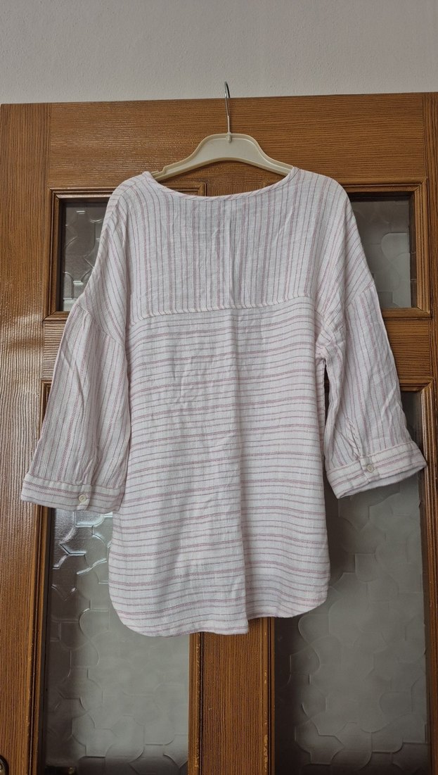 Bej Kadın Keten V Yaka Salaş Gömlek - Görsel 5