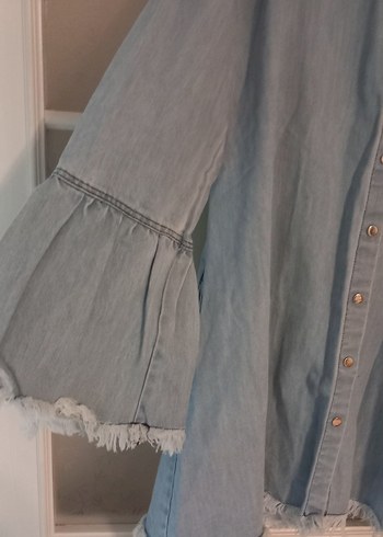 l Beden Gri Düğmeli Kadın Denim Ceket
