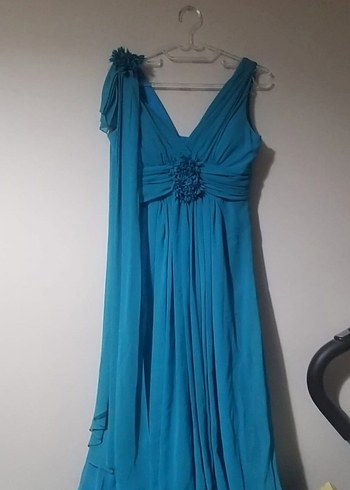 V Yaka Drapeli Uzun Mavi Abiye Elbise - Görsel 2