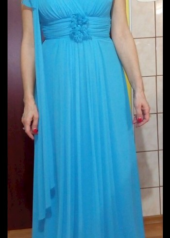 V Yaka Drapeli Uzun Mavi Abiye Elbise - Görsel 3