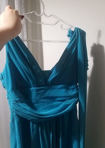 V Yaka Drapeli Uzun Mavi Abiye Elbise - Görsel 4