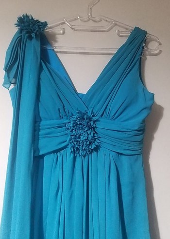 V Yaka Drapeli Uzun Mavi Abiye Elbise - Görsel 6