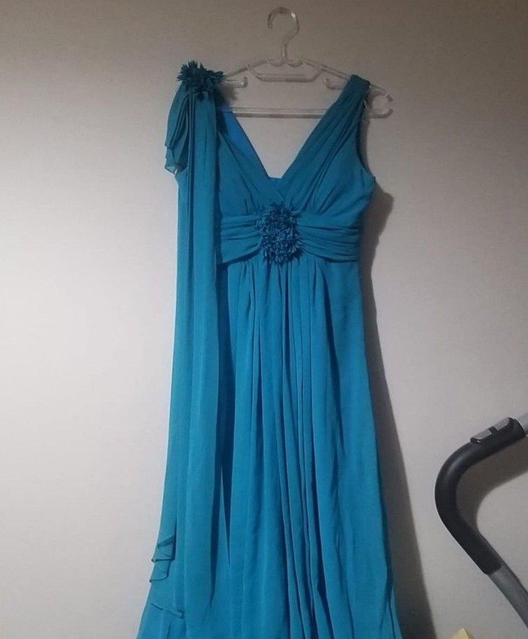 V Yaka Drapeli Uzun Mavi Abiye Elbise - Görsel 2