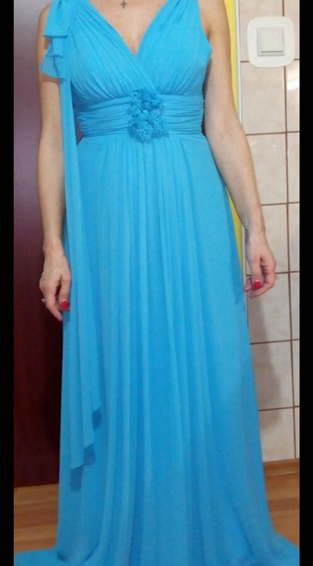 V Yaka Drapeli Uzun Mavi Abiye Elbise - Görsel 3