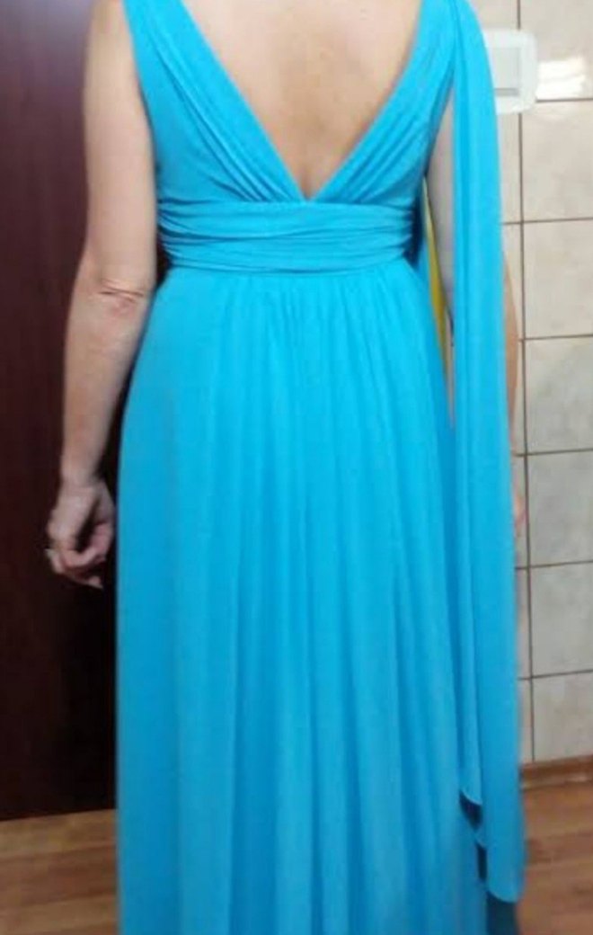 V Yaka Drapeli Uzun Mavi Abiye Elbise - Görsel 5