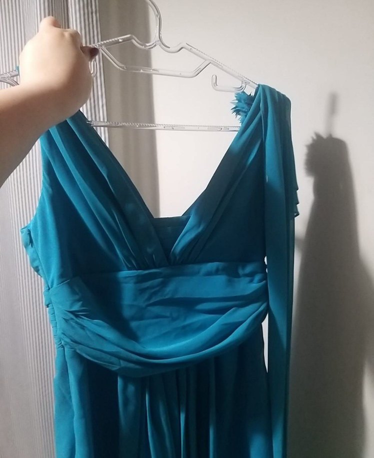 V Yaka Drapeli Uzun Mavi Abiye Elbise - Görsel 4