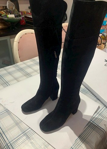 Siyah Süet Dizüstü Fermuarlı Topuklu Çizme - Görsel 2