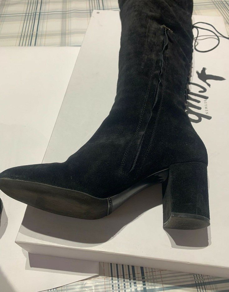 Siyah Süet Dizüstü Fermuarlı Topuklu Çizme - Görsel 4