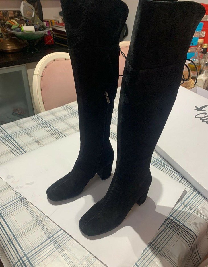 Siyah Süet Dizüstü Fermuarlı Topuklu Çizme - Görsel 2