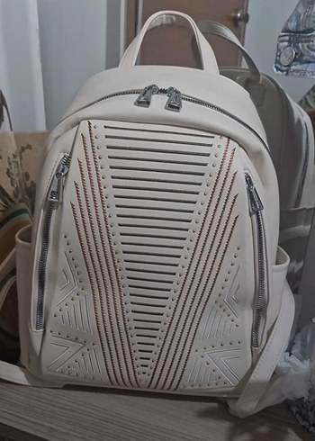 Beden beyaz Renk Beyaz Nakış Detaylı Kadın Sırt Çantası-Okul çantası