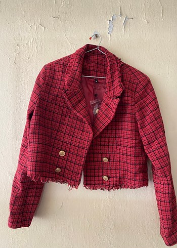 Düğmeli Kırmızı Ekose Mini Blazer