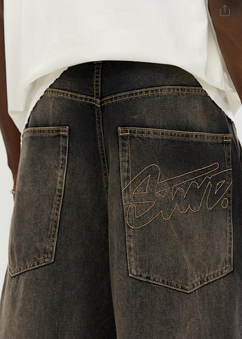 Erkek Gri Bol Kesim Denim Şort - Görsel 3