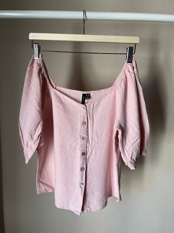 Düğmeli Pembe Keten Mini Bluz - Görsel 4