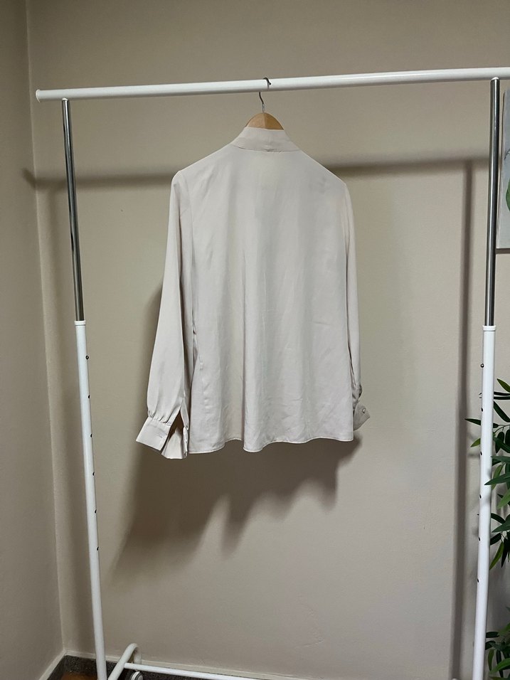 Bej Uzun Kollu Saten Bluz - Görsel 4