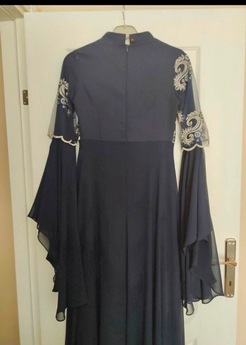 Uzun Kollu Lacivert Bohem Tesettür Abiye Elbise - Görsel 8