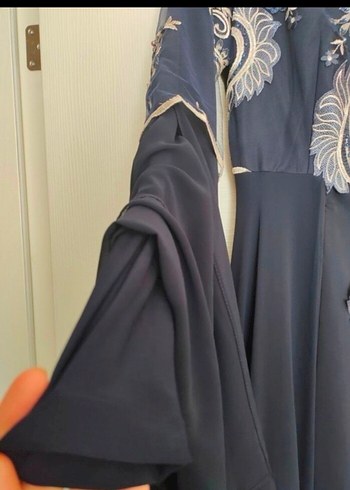 Uzun Kollu Lacivert Bohem Tesettür Abiye Elbise - Görsel 7