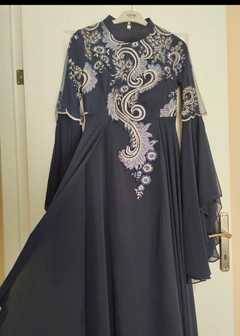 Uzun Kollu Lacivert Bohem Tesettür Abiye Elbise - Görsel 5