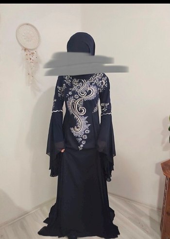 Uzun Kollu Lacivert Bohem Tesettür Abiye Elbise - Görsel 3