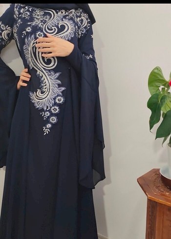 Uzun Kollu Lacivert Bohem Tesettür Abiye Elbise - Görsel 2