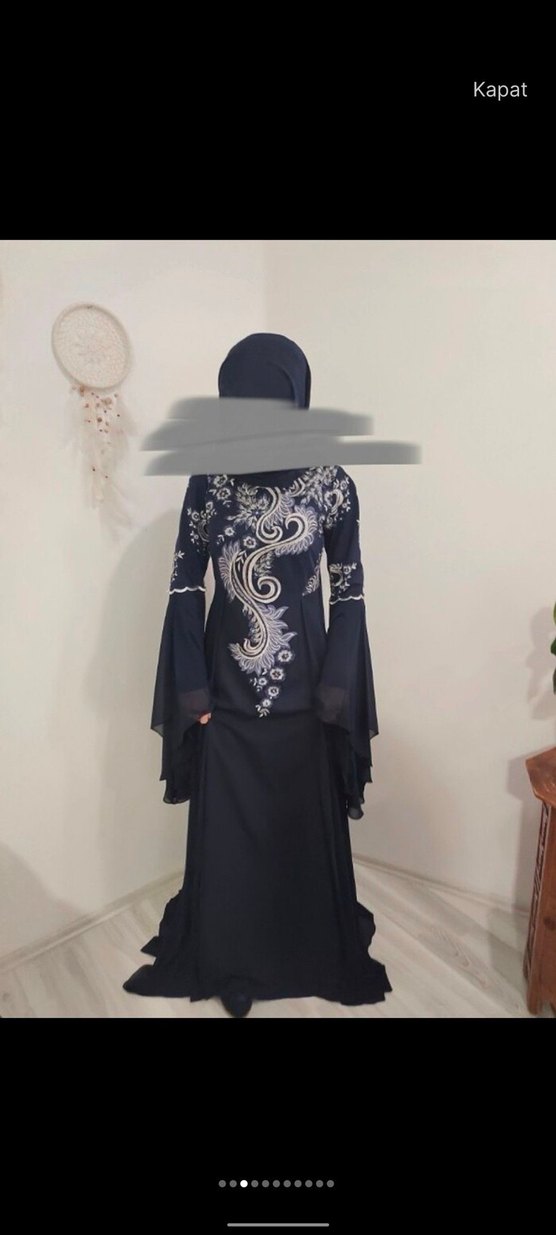 Uzun Kollu Lacivert Bohem Tesettür Abiye Elbise - Görsel 3