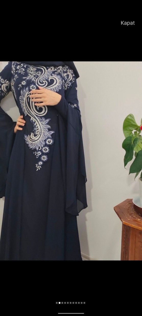 Uzun Kollu Lacivert Bohem Tesettür Abiye Elbise - Görsel 2
