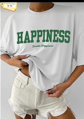 Happiness Baskılı Beyaz tişört