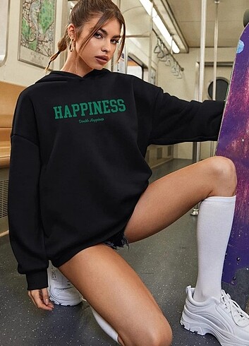 Siyah Kapşonlu baskılı sweatshirt 