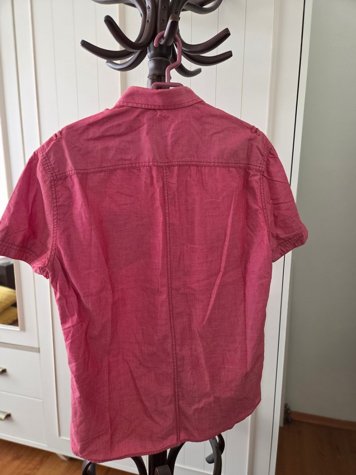 Düğmeli Kısa Kollu Pembe Keten Erkek Gömlek - Görsel 2