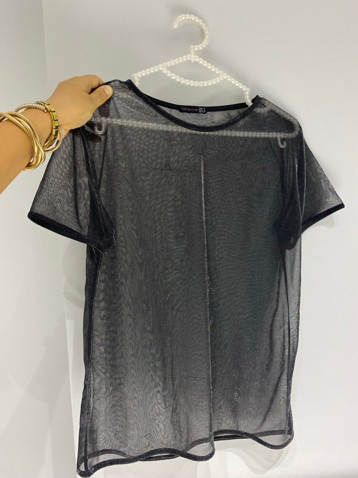 Siyah Transparan Kısa Kollu Bluz - Görsel 2