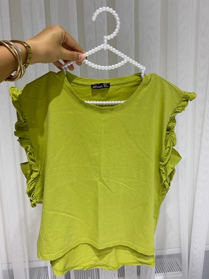Kız  Yeşil Keten Fırfırlı Tişört - Görsel 2