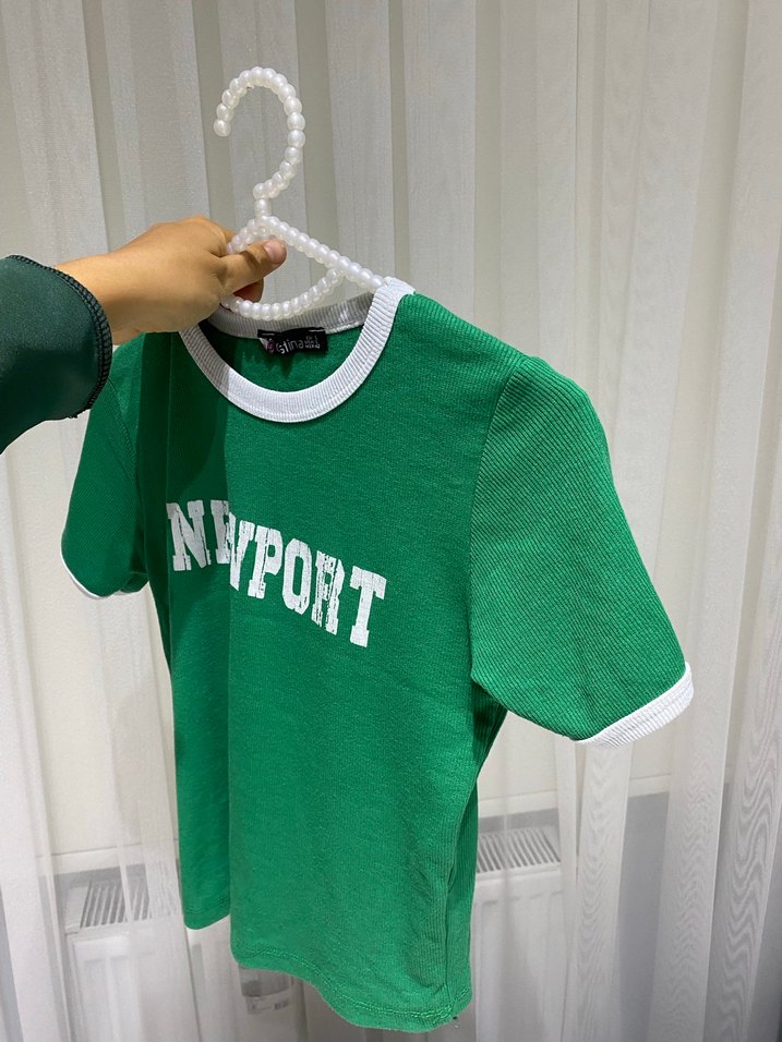 Yeşil Bisiklet Yaka İnce Örgü Tişört - Görsel 2