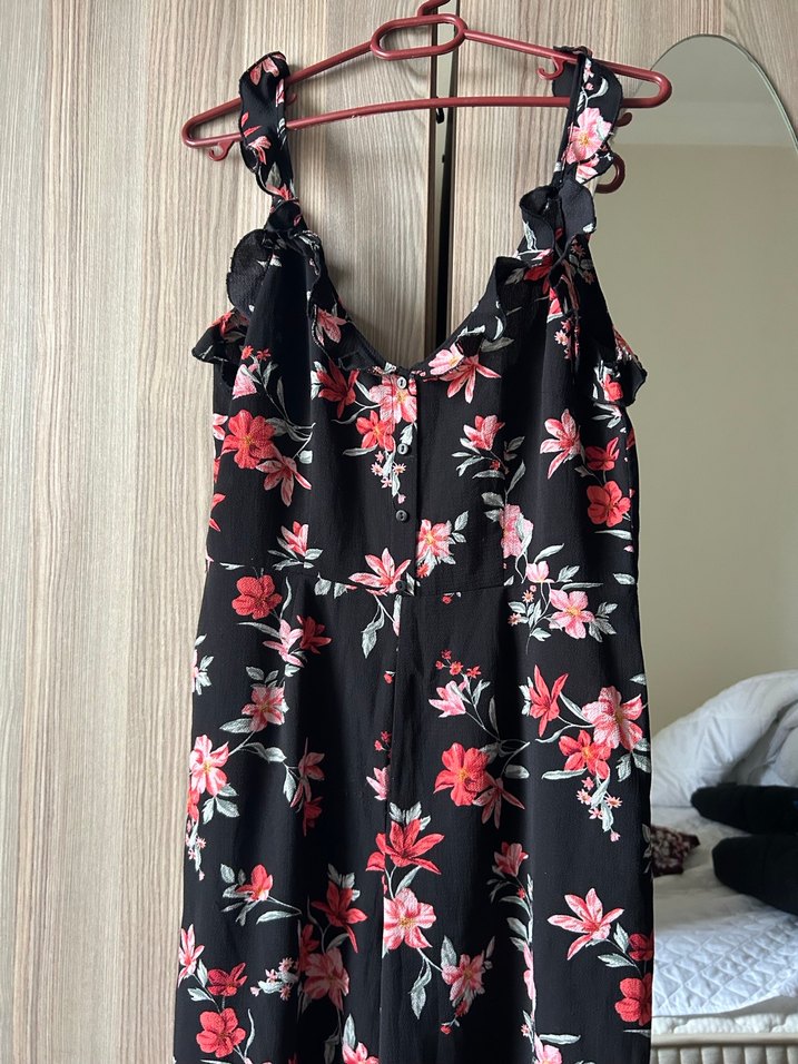 Kadın Siyah Çiçek Desenli miydi Tulum - Görsel 2