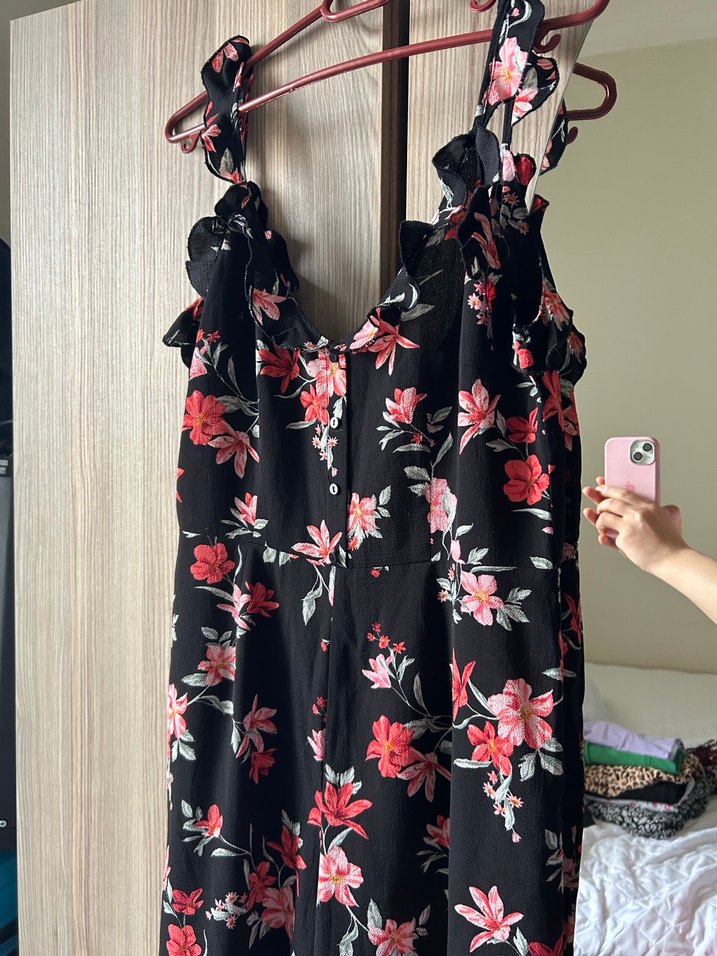 Kadın Siyah Çiçek Desenli miydi Tulum - Görsel 3