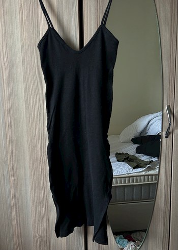 Siyah V Yaka Midi Kadın Triko Elbise - Görsel 2