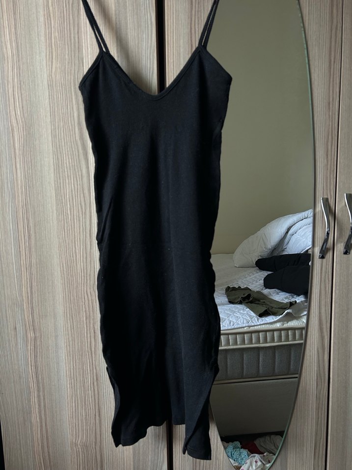 Siyah V Yaka Midi Kadın Triko Elbise - Görsel 2