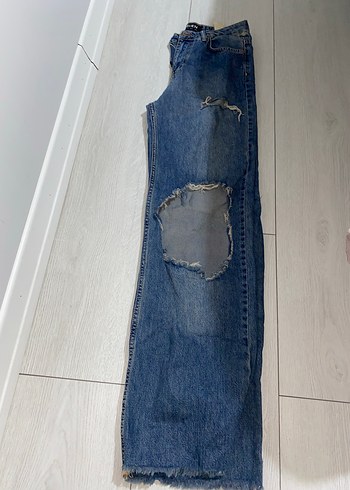 Diğer Yırtık Detaylı Bol Kesim uzun Kot Pantolon
