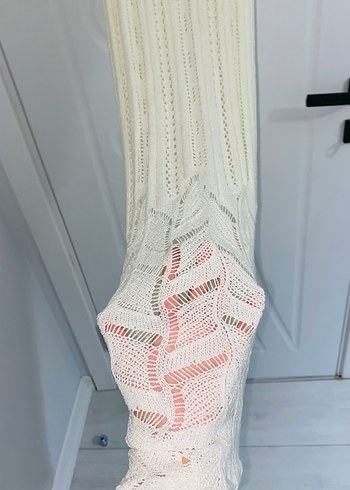 Beyaz Örme Bohem V Yakalı Uzun pareo - Görsel 2