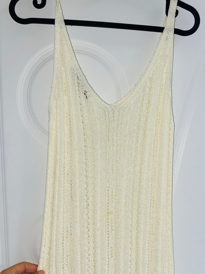 Beyaz Örme Bohem V Yakalı Uzun pareo - Görsel 3