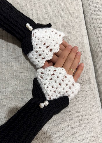 İnce Örgü Beyaz siyah Kadın Eldiveni - Görsel 2