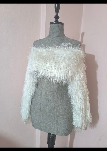 Beyaz Tüylü Midi Kadın Bolero - Görsel 4