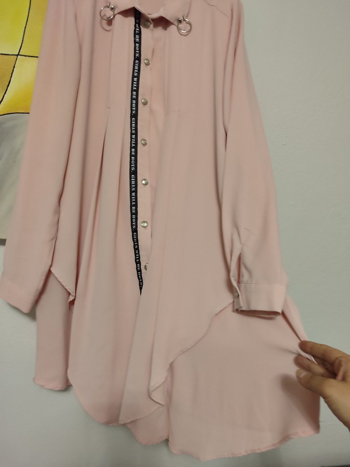 Düğmeli Uzun Pembe Kadın Tunik - Görsel 3