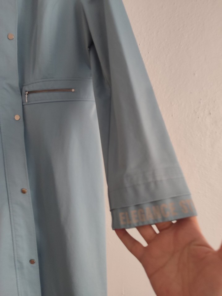 Düğmeli Uzun Mavi Kadın trençkot - Görsel 5