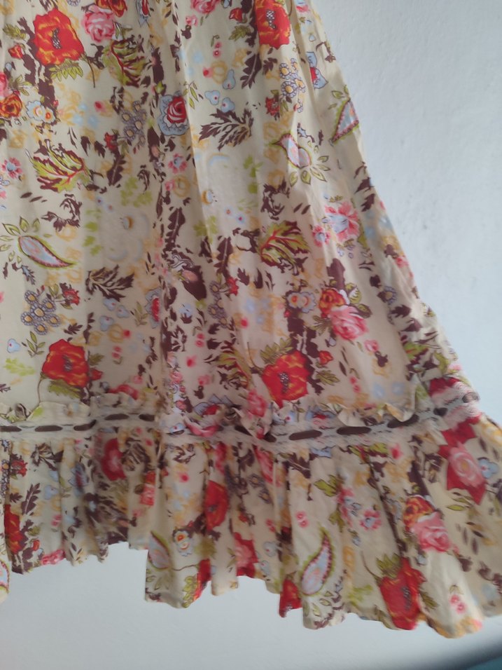 Bej Çiçek Desenli Uzun Fırfırlı Etek - Görsel 2