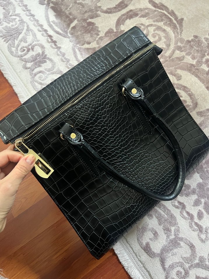 Siyah Yılan Desenli Deri Kadın Çanta - Görsel 4