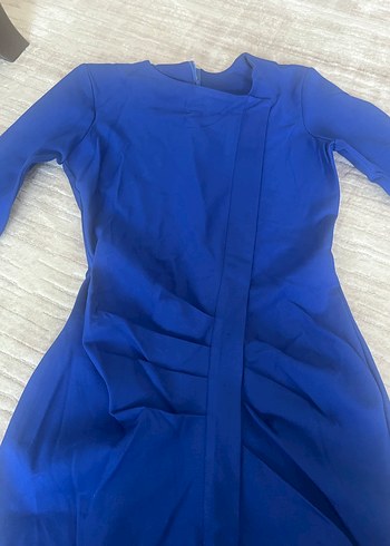 Uzun Kollu Drapeli Mavi Kadın Elbise - Görsel 3