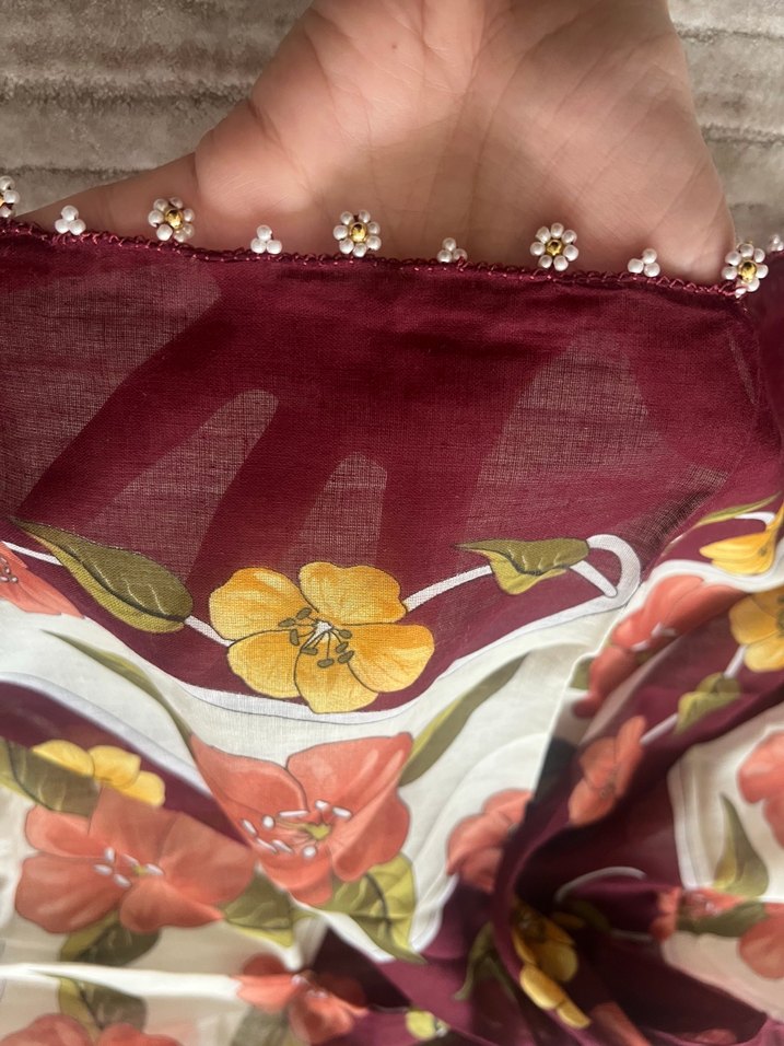 Bordo Çiçek Desenli Kadın Fular - Görsel 3