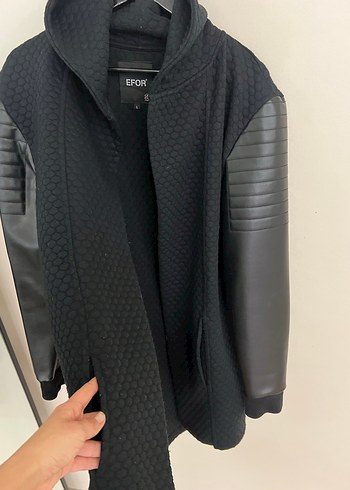 EFOR Siyah Deri Kollu Kapüşonlu Erkek Ceket - Görsel 2