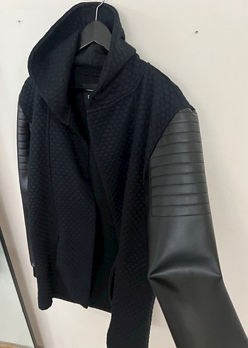 EFOR Siyah Deri Kollu Kapüşonlu Erkek Ceket - Görsel 3