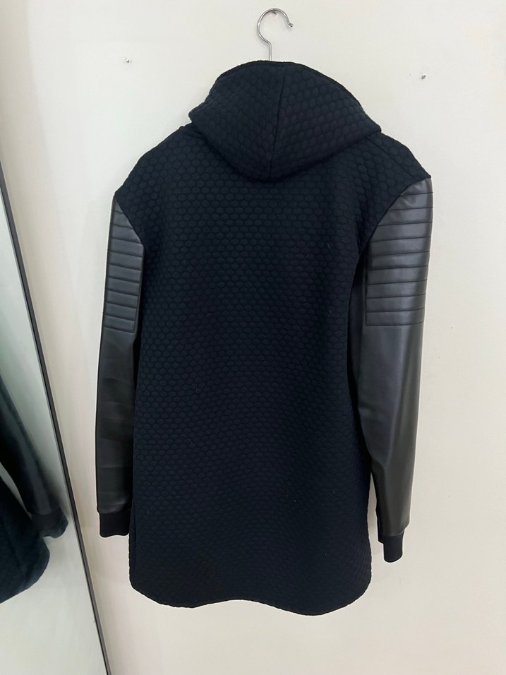 EFOR Siyah Deri Kollu Kapüşonlu Erkek Ceket - Görsel 5